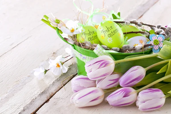 Easter Eggs Tulips Wooden Planks — Stock Photo, Image