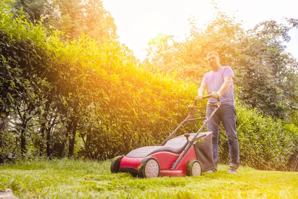 Temporada Verano Primavera Hombre Cortando Césped Jardín Durante Día Soleado —  Fotos de Stock