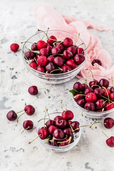 Fresh Ripe Cherries Bowls Table — Stock Photo, Image