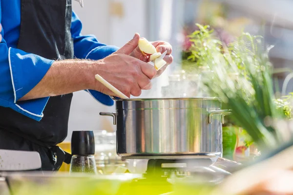 Chefs Trabajo Una Cocina Restaurante Haciendo Deliciosa Comida — Foto de Stock