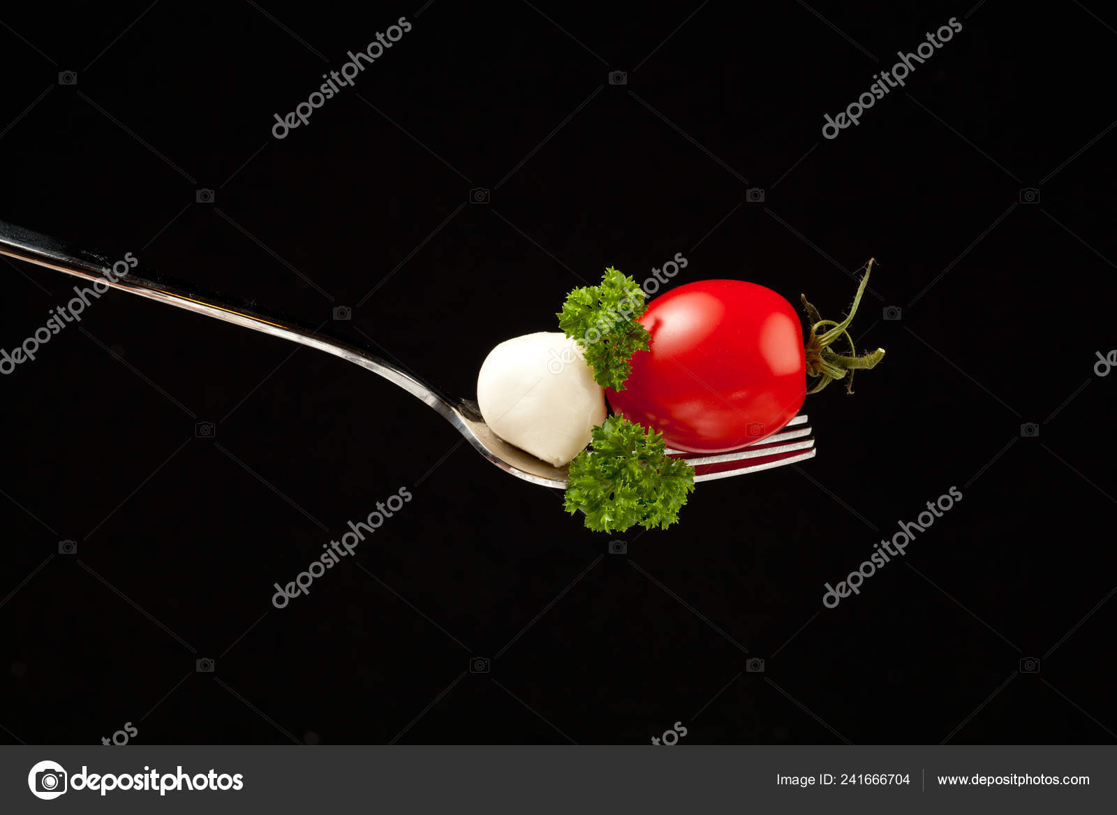 Mozzarella Cheese Tomato Cherry Green Basil Leaves Big Fork Macro Stock Photo by ©KarepaStock