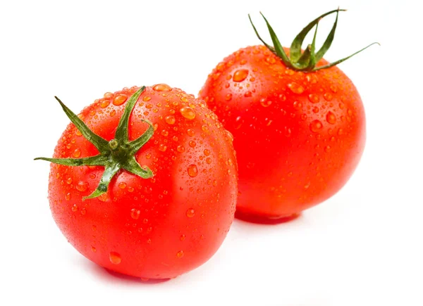 Vista Cerca Tomates Frescos Maduros Con Gotas Agua Aisladas Sobre —  Fotos de Stock