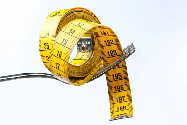 Close View Yellow Measuring Tape Fork Light Background Diet Concept — Stock Photo, Image