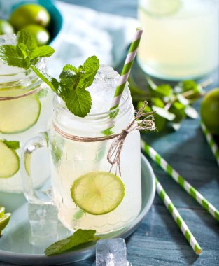 nane, buz küpleri ve limon dilimleri ile taze ev yapımı limonata yakın çekim görünümü  