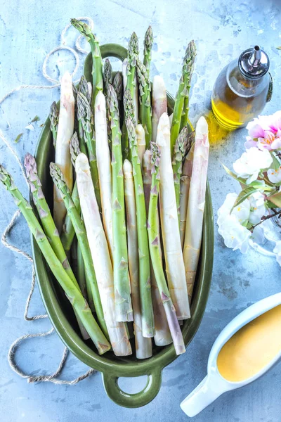 Top View Fresh Ripe Healthy Asparagus Blue Surface — Stock Photo, Image