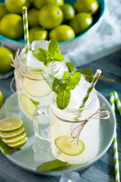 Vista Cerca Limonada Casera Fresca Con Pajitas Para Beber Menta —  Fotos de Stock