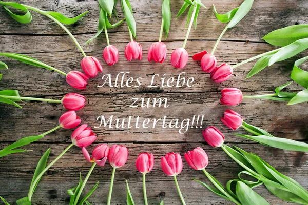 Creative Arrangement Tulips Wooden Background Happy Mothers Day Text German — Stock Photo, Image