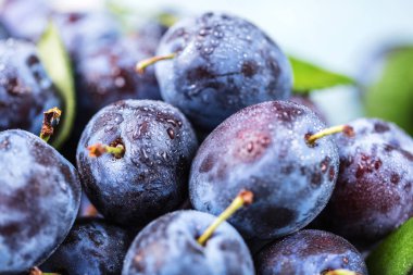 Taze yaprak yeşil rustik tablo hasır sepet ve hlaf erik erik yığını.