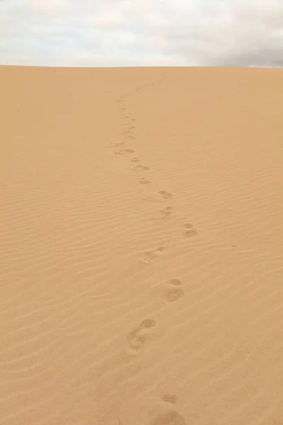 Fotspår Sand Och Molniga Himlen Vid Corralejo Natural Park Fuerteventura — Stockfoto