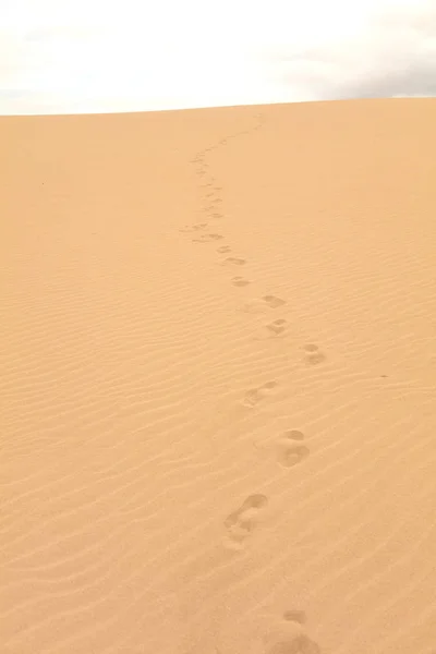 Fotspår Sand Och Molniga Himlen Vid Corralejo Natural Park Fuerteventura — Stockfoto