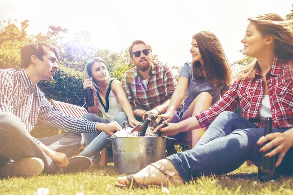 快乐的年轻朋友们一起出去玩 一起坐在草地上 一起喝啤酒 — 图库照片