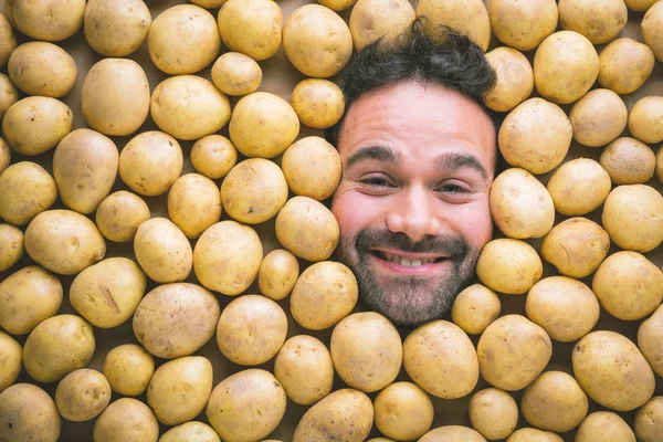 Людина Картоплею Концепція Харчової Промисловості Обличчя Похмурого Чоловіка Області Картоплі — стокове фото