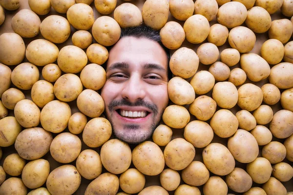 Homem Com Batatas Conceito Para Indústria Alimentar Cara Homem Sorridente — Fotografia de Stock