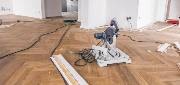 Vista Dall Alto Sul Pavimento Parquet Durante Ristrutturazione Della Casa — Foto Stock