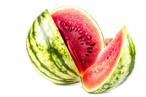 Nahaufnahme Von Frischen Saftigen Scheiben Wassermelone Isoliert Auf Weißem Hintergrund — Stockfoto