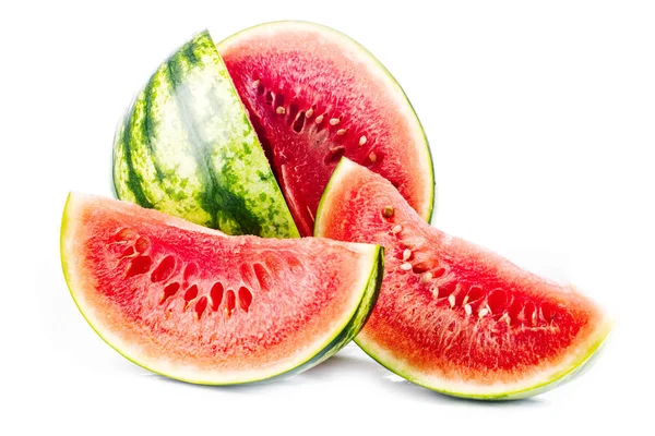 Nahaufnahme Von Frischen Saftigen Scheiben Wassermelone Isoliert Auf Weißem Hintergrund — Stockfoto