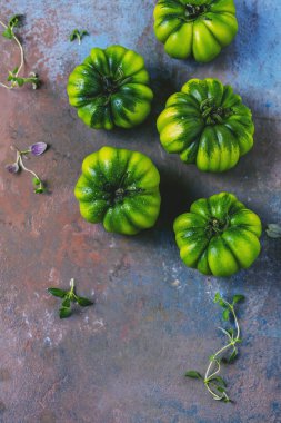 Üstten Görünüm taze yeşil ıslak organik domates ile gri yüzeye bırakır 