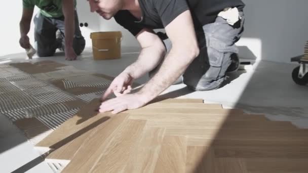 Werknemers Installeren Eiken Parketvloer Tijdens Woningverbetering — Stockvideo