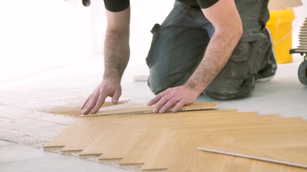 改善中にオーク寄木細工の床を設置する労働者は — ストック動画
