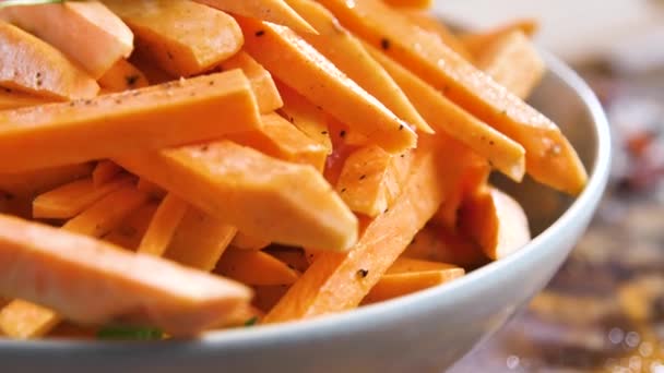 Roasted Sweet Potatoes French Fries Herbs Closeup Table — Stock Video