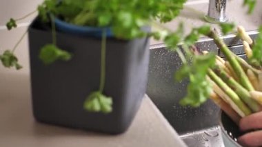 Lavaboda kevgir içinde taze kuşkonmaz yıkama adam resmini kırpılmış 