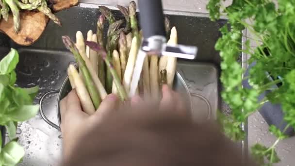 Overhead Melihat Orang Mencuci Asparagus Wastafel Dapur Dipotong Ditembak — Stok Video