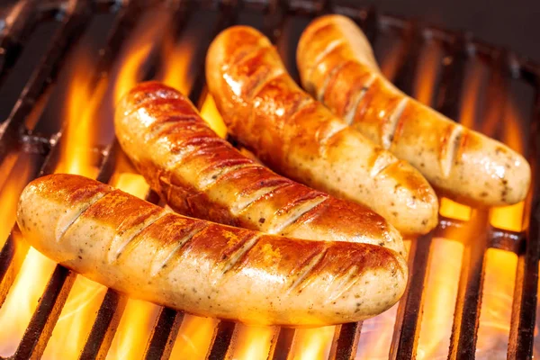 Close View Delicious Sausages Cooking Grill Flame — Stock Photo, Image