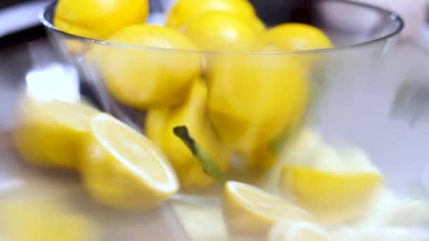 Close View Fresh Juicy Whole Halved Lemons Green Leaves Glass — Stock Video