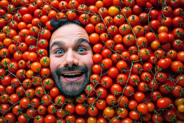 Człowiek Pomidorami Koncepcja Dla Przemysłu Spożywczego Twarz Emocjonalne Człowieka Powierzchni — Zdjęcie stockowe