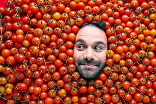 Hombre Con Tomates Concepto Para Industria Alimentaria Rostro Del Hombre —  Fotos de Stock