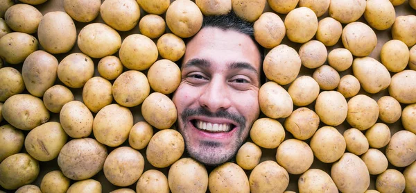 Homem Com Batatas Conceito Para Indústria Alimentar Cara Homem Sorridente — Fotografia de Stock