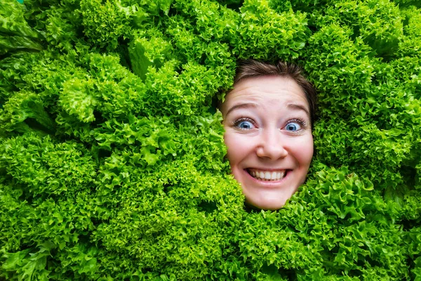 Woman with salad leaves, concept for food industry. Face of laughing woman in salad area.