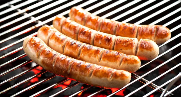 Close View Gourmet Sausages Cooking Charcoal Grill — Stock Photo, Image