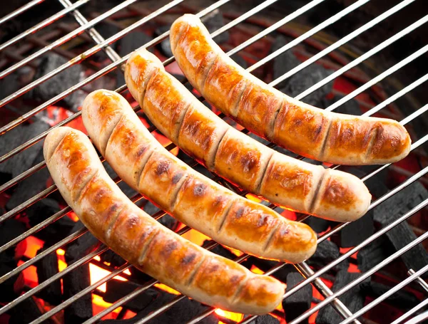 Vergrote Weergave Van Gastronomische Worstjes Koken Houtskool Barbecue — Stockfoto