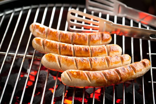 Close View Tasty Sausages Grilling Charcoal Grill — Stock Photo, Image