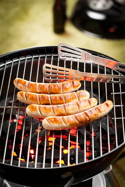 Close View Tasty Sausages Grilling Charcoal Grill — Stock Photo, Image