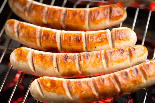 Close View Delicious Sausages Cooking Grill — Stock Photo, Image