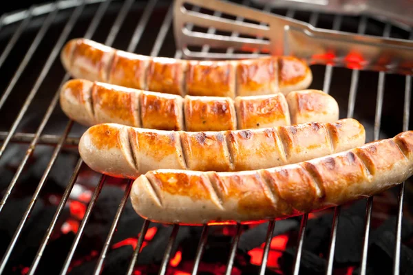 Close View Tasty Sausages Cooking Charcoal Grill — Stock Photo, Image