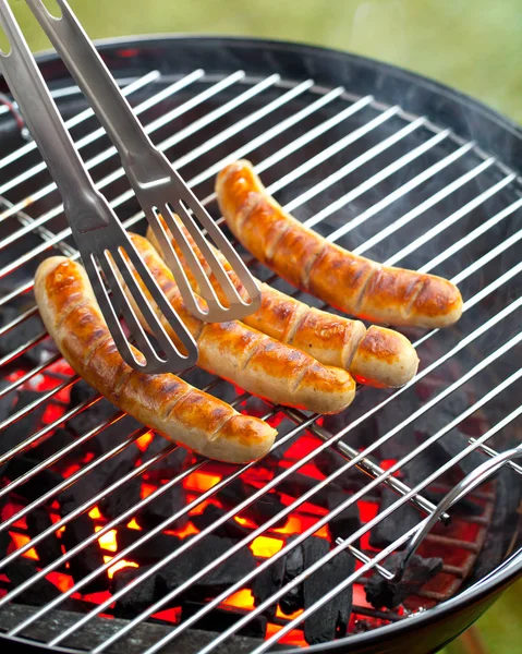 Close View Delicious Sausages Cooking Grill — Stock Photo, Image