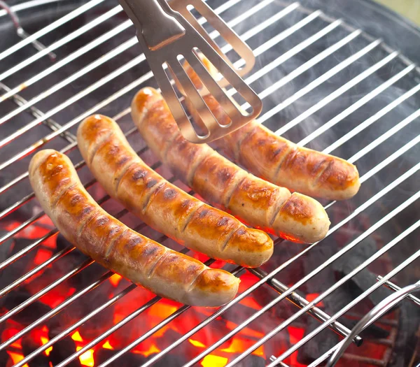 Close View Delicious Sausages Cooking Grill — Stock Photo, Image