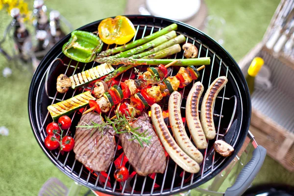 Top View Assorted Delicious Grilled Meat Sausages Vegetables Coals Barbecue — Stock Photo, Image