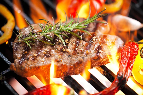 Close View Delicious Steak Rosemary Vegetables Grill Stock Image