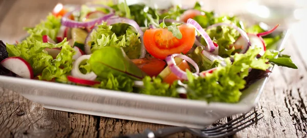 Nahaufnahme Von Gourmet Bio Gemüsesalat Teller Auf Holztisch — Stockfoto