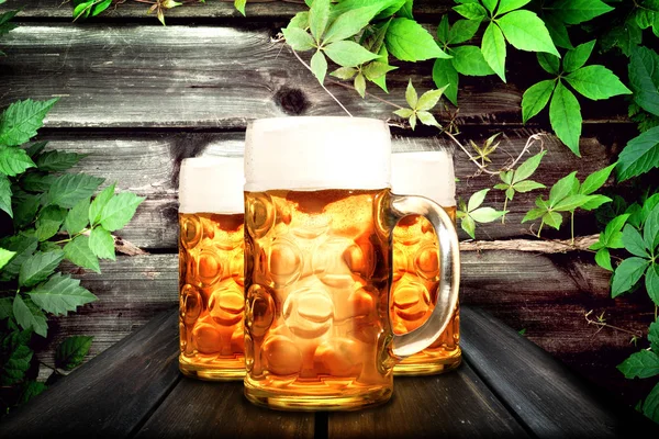 Close View Glasses Full Beer Wooden Background Green Leaves — Stock Photo, Image