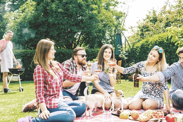 快乐的年轻朋友们坐在格子格子格子格子格子上 举着装有酒精饮料的眼镜 在户外野餐 — 图库照片