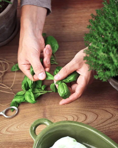 ahşap masa üzerinde yeşil fesleğen yaprakları tutan kişinin kırpılmış atış