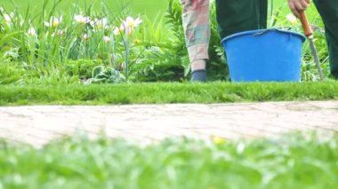Koruyucu iş kıyafetleri içinde plastik kova tutan ve parktaki yeşil çimlerde çalışan bahçıvanın kırpılmış fotoğrafı.