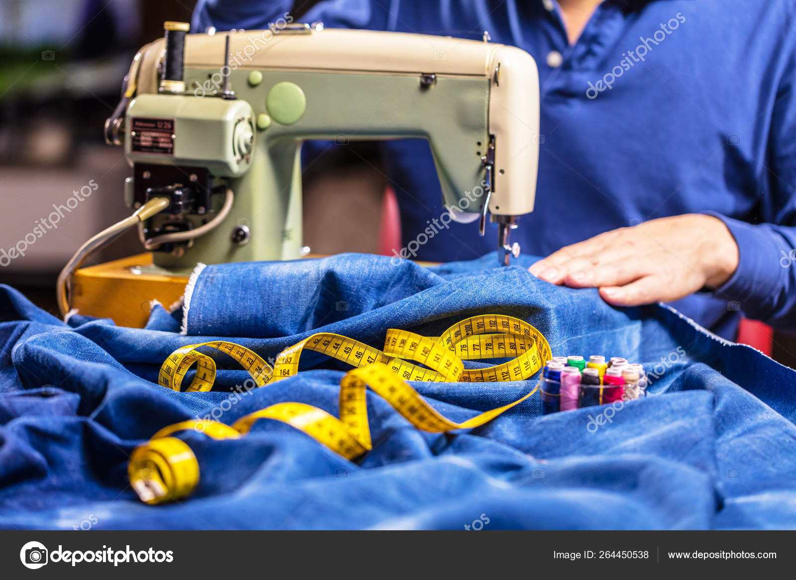 Cropped Shot Person Sewing Denim Jeans Sewing Machine Handmade