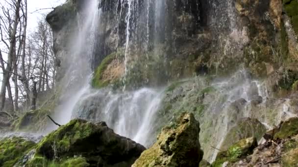 Kayalar Üzerinde Manzaralı Şelale Ormandaki Yeşil Ağaçlarla Güzel Bir Manzara — Stok video