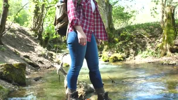 Jovem Sorridente Com Mochila Sobre Rochas Rio Rápido Floresta — Vídeo de Stock